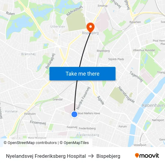 Nyelandsvej Frederiksberg Hospital to Bispebjerg map
