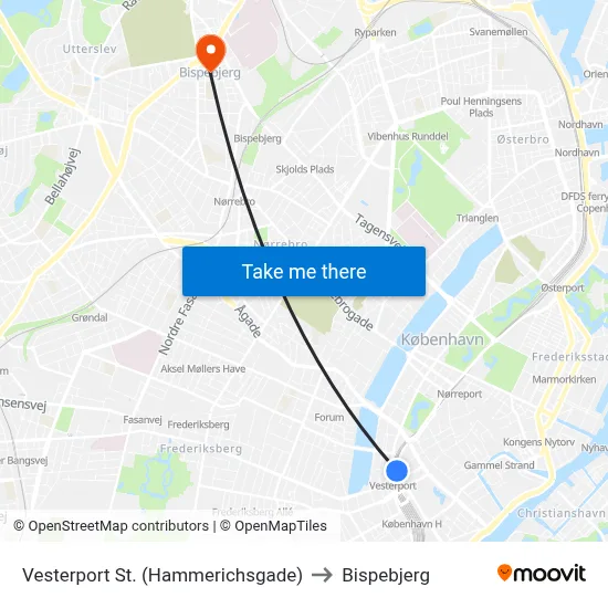 Vesterport St. (Hammerichsgade) to Bispebjerg map