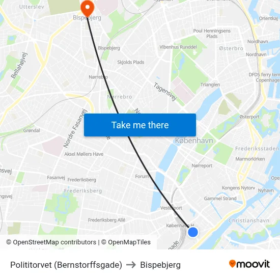 Polititorvet (Bernstorffsgade) to Bispebjerg map
