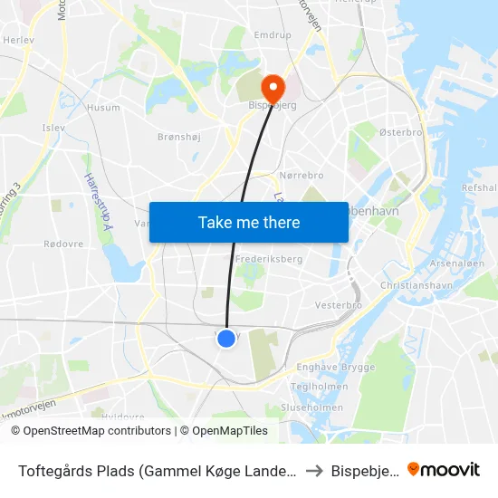Toftegårds Plads (Gammel Køge Landevej) to Bispebjerg map