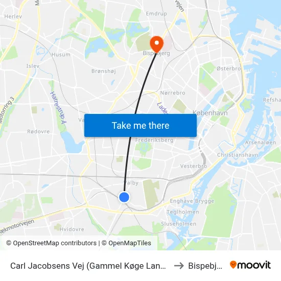 Carl Jacobsens Vej (Gammel Køge Landevej) to Bispebjerg map