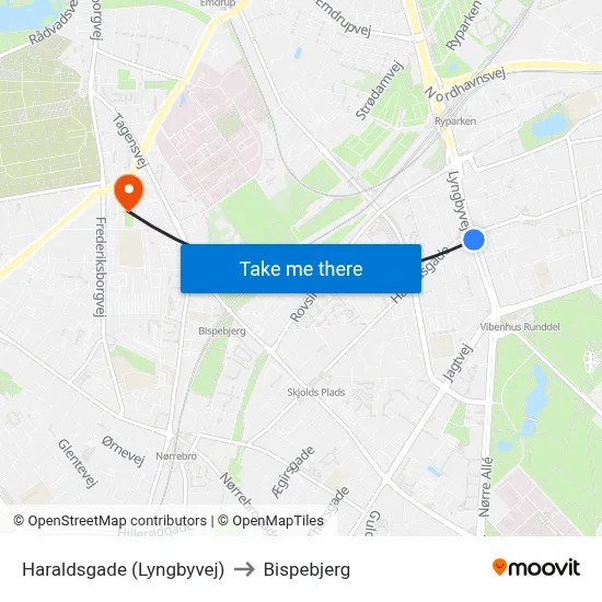 Haraldsgade (Lyngbyvej) to Bispebjerg map
