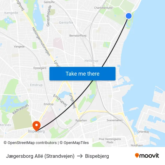 Jægersborg Allé (Strandvejen) to Bispebjerg map