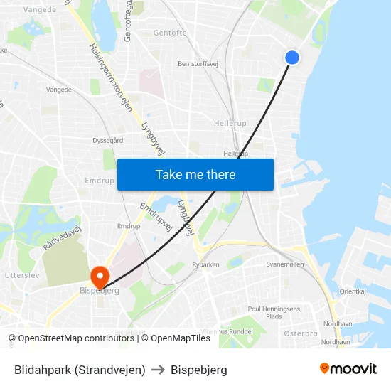 Blidahpark (Strandvejen) to Bispebjerg map