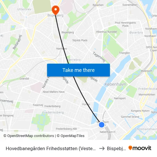 Hovedbanegården Frihedsstøtten (Vesterbrogade) to Bispebjerg map