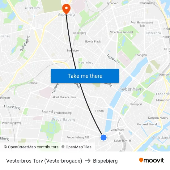 Vesterbros Torv (Vesterbrogade) to Bispebjerg map