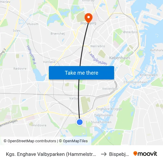 Kgs. Enghave Valbyparken (Hammelstrupvej) to Bispebjerg map