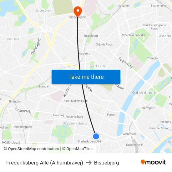 Frederiksberg Allé (Alhambravej) to Bispebjerg map
