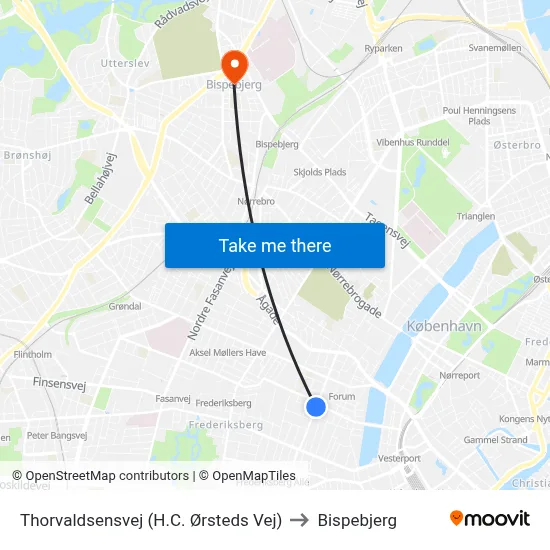 Thorvaldsensvej (H.C. Ørsteds Vej) to Bispebjerg map