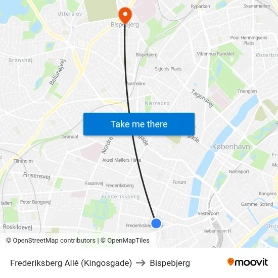 Frederiksberg Allé (Kingosgade) to Bispebjerg map