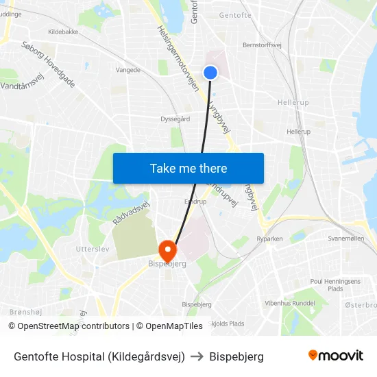 Gentofte Hospital (Kildegårdsvej) to Bispebjerg map