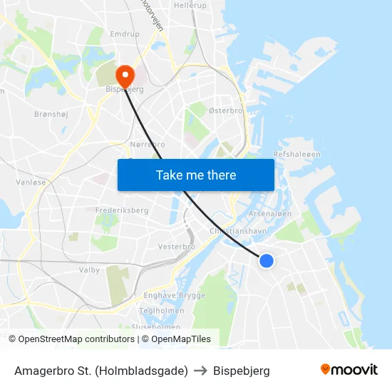 Amagerbro St. (Holmbladsgade) to Bispebjerg map