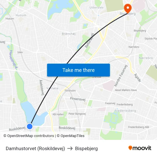 Damhustorvet (Roskildevej) to Bispebjerg map