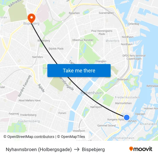 Nyhavnsbroen (Holbergsgade) to Bispebjerg map