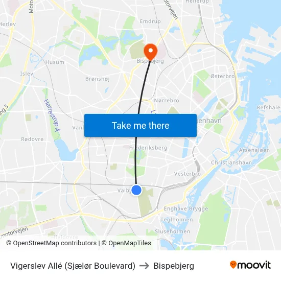 Vigerslev Allé (Sjælør Boulevard) to Bispebjerg map
