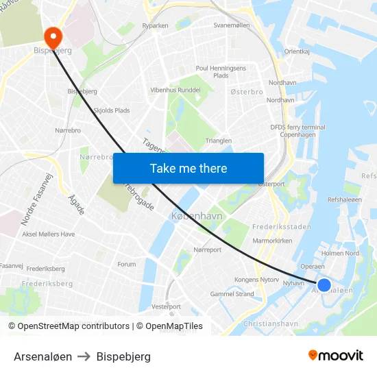 Arsenaløen to Bispebjerg map