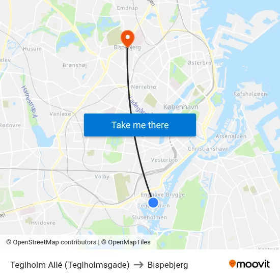 Teglholm Allé (Teglholmsgade) to Bispebjerg map