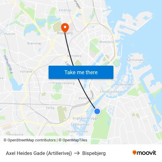 Axel Heides Gade (Artillerivej) to Bispebjerg map