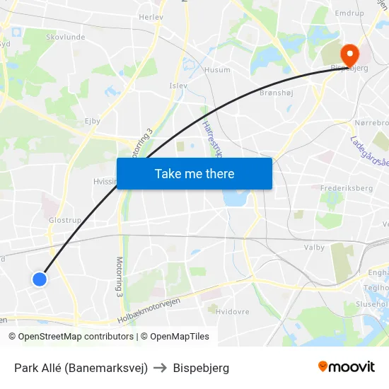 Park Allé (Banemarksvej) to Bispebjerg map
