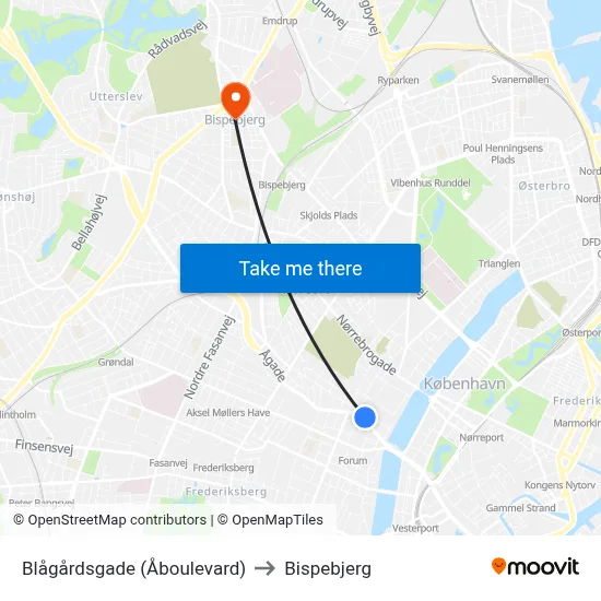 Blågårdsgade (Åboulevard) to Bispebjerg map