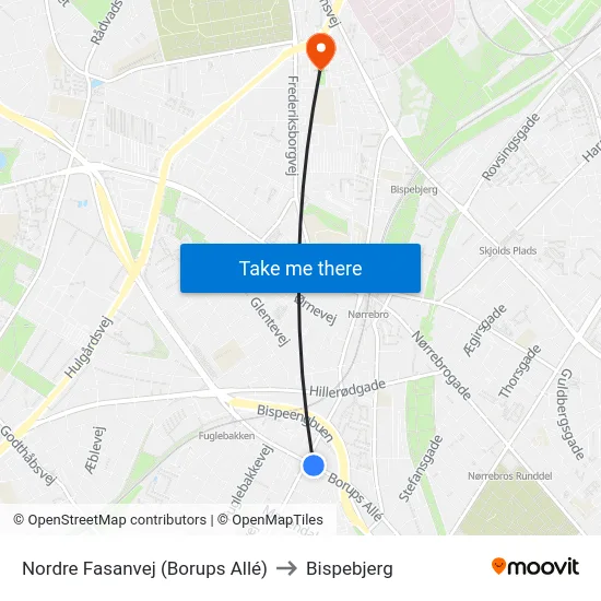 Nordre Fasanvej (Borups Allé) to Bispebjerg map