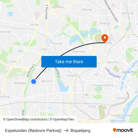 Espelunden (Rødovre Parkvej) to Bispebjerg map