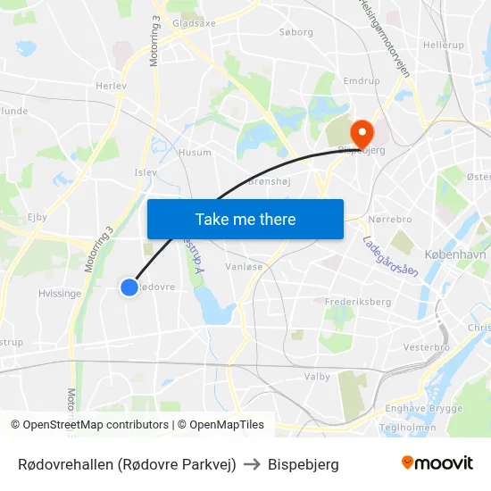 Rødovrehallen (Rødovre Parkvej) to Bispebjerg map