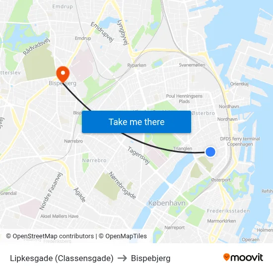 Lipkesgade (Classensgade) to Bispebjerg map