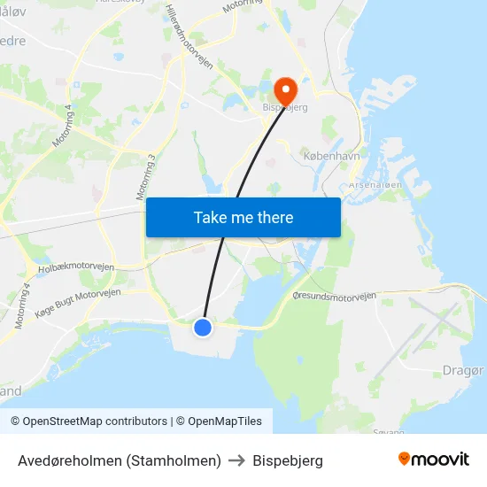 Avedøreholmen (Stamholmen) to Bispebjerg map