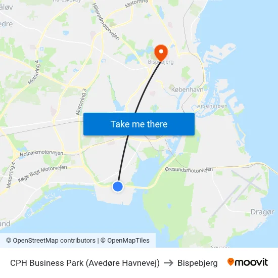CPH Business Park (Avedøre Havnevej) to Bispebjerg map