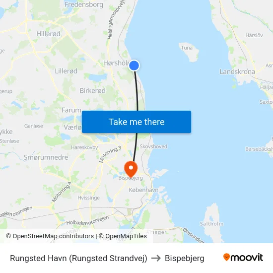 Rungsted Havn (Rungsted Strandvej) to Bispebjerg map