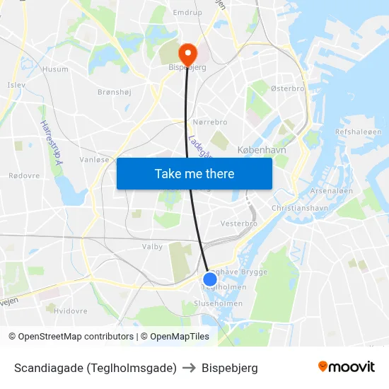 Scandiagade (Teglholmsgade) to Bispebjerg map