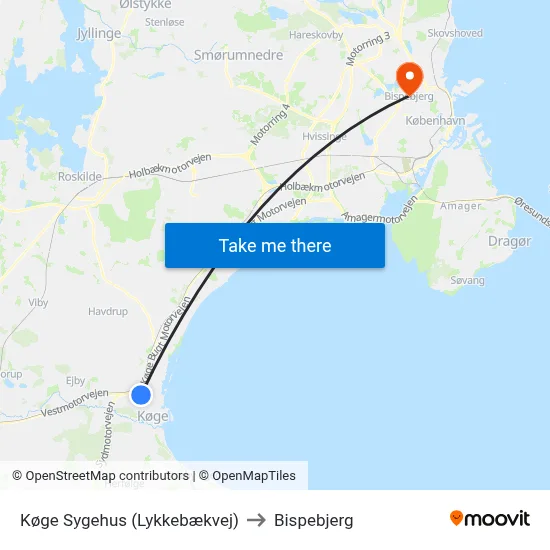 Køge Sygehus (Lykkebækvej) to Bispebjerg map