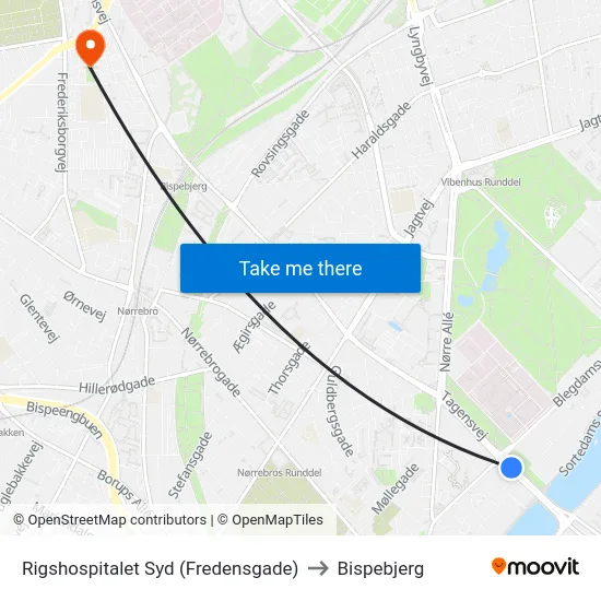Rigshospitalet Syd (Fredensgade) to Bispebjerg map