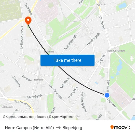 Nørre Campus (Nørre Allé) to Bispebjerg map