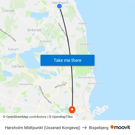Hørsholm Midtpunkt (Usserød Kongevej) to Bispebjerg map