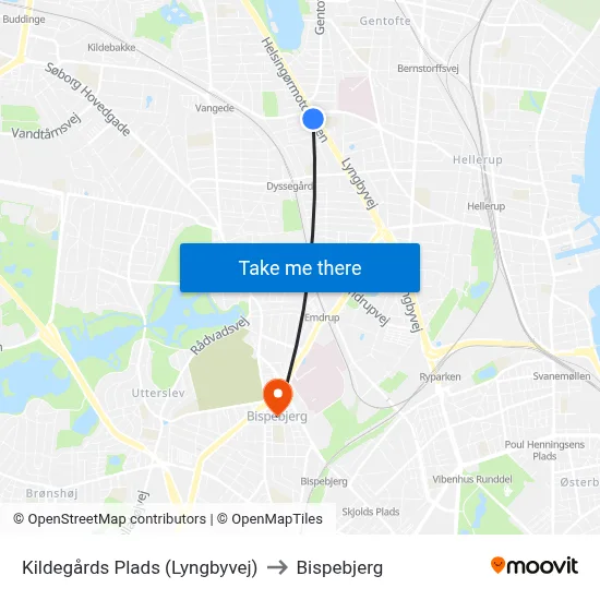 Kildegårds Plads (Lyngbyvej) to Bispebjerg map