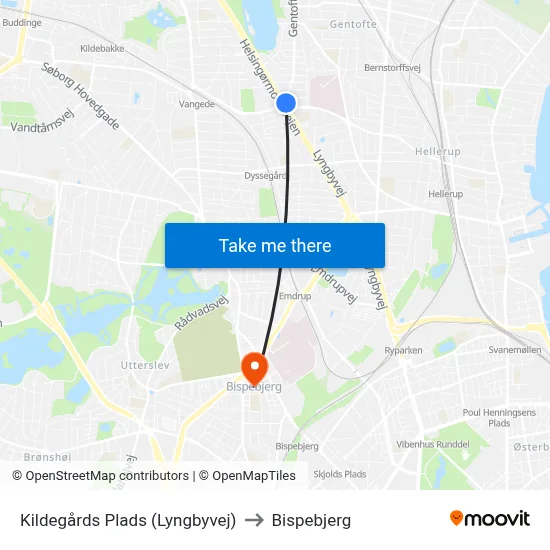 Kildegårds Plads (Lyngbyvej) to Bispebjerg map
