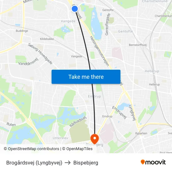 Brogårdsvej (Lyngbyvej) to Bispebjerg map