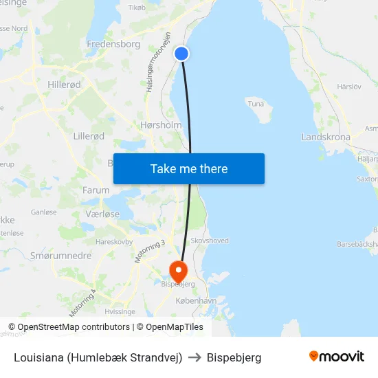 Louisiana (Humlebæk Strandvej) to Bispebjerg map