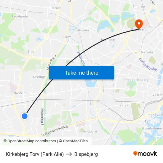 Kirkebjerg Torv (Park Allé) to Bispebjerg map