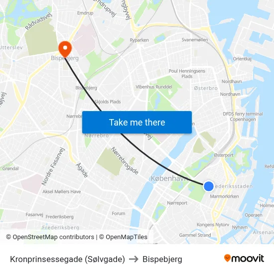 Kronprinsessegade (Sølvgade) to Bispebjerg map