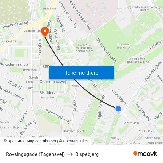 Rovsingsgade (Tagensvej) to Bispebjerg map