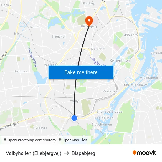 Valbyhallen (Ellebjergvej) to Bispebjerg map