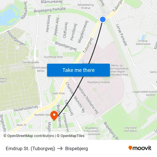 Emdrup St. (Tuborgvej) to Bispebjerg map