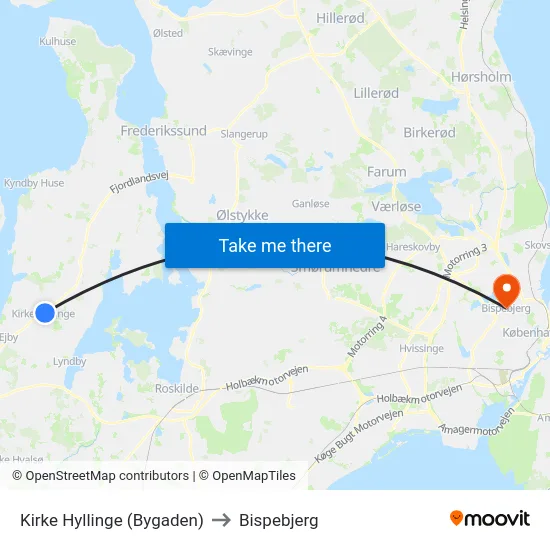 Kirke Hyllinge (Bygaden) to Bispebjerg map