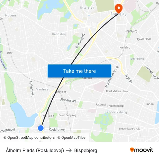 Ålholm Plads (Roskildevej) to Bispebjerg map