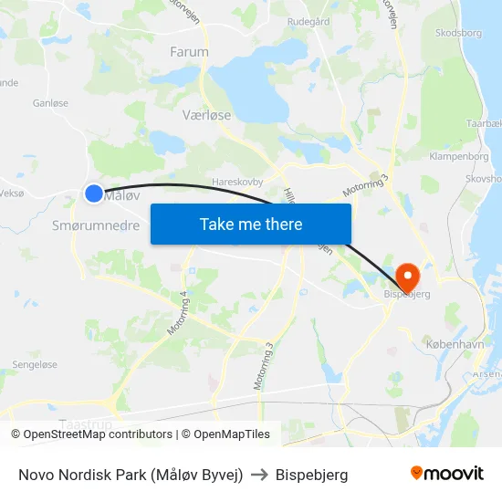 Novo Nordisk Park (Måløv Byvej) to Bispebjerg map