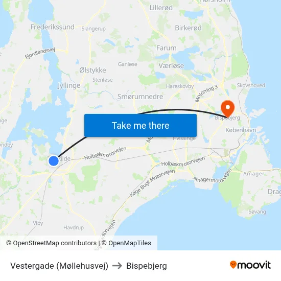 Vestergade (Møllehusvej) to Bispebjerg map