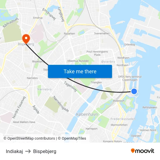 Indiakaj to Bispebjerg map